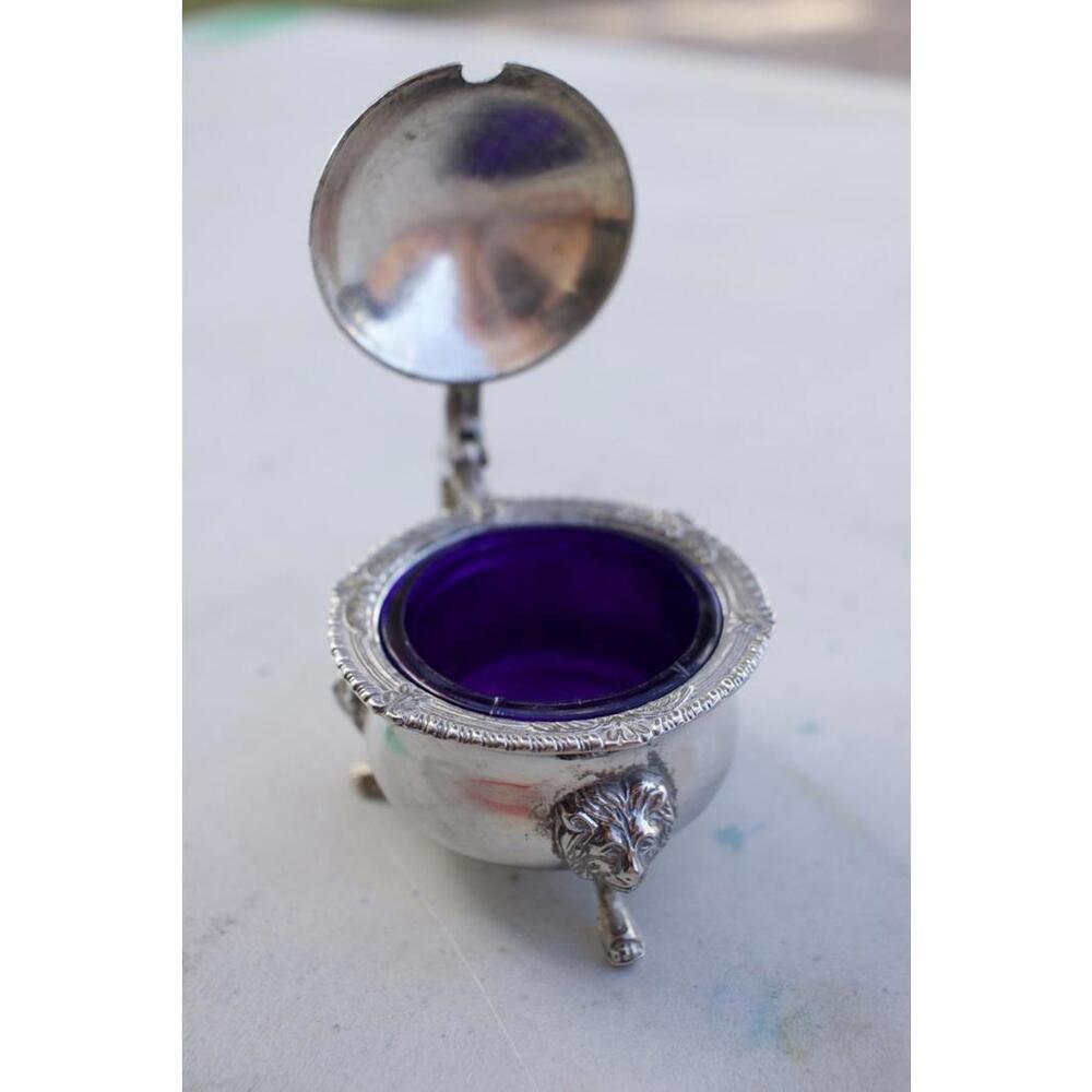 Vintage Silver Plated Mustard Pot with Cobalt Blue Glass Insert and Lion Head Cl
